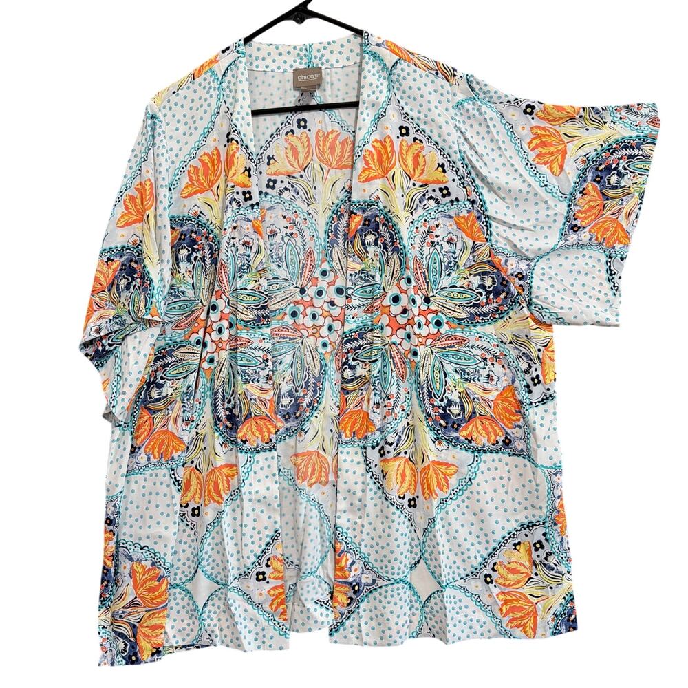 Chicos Womens Kimono White Multicolor Open Front Side Slit Short Sleeve 2